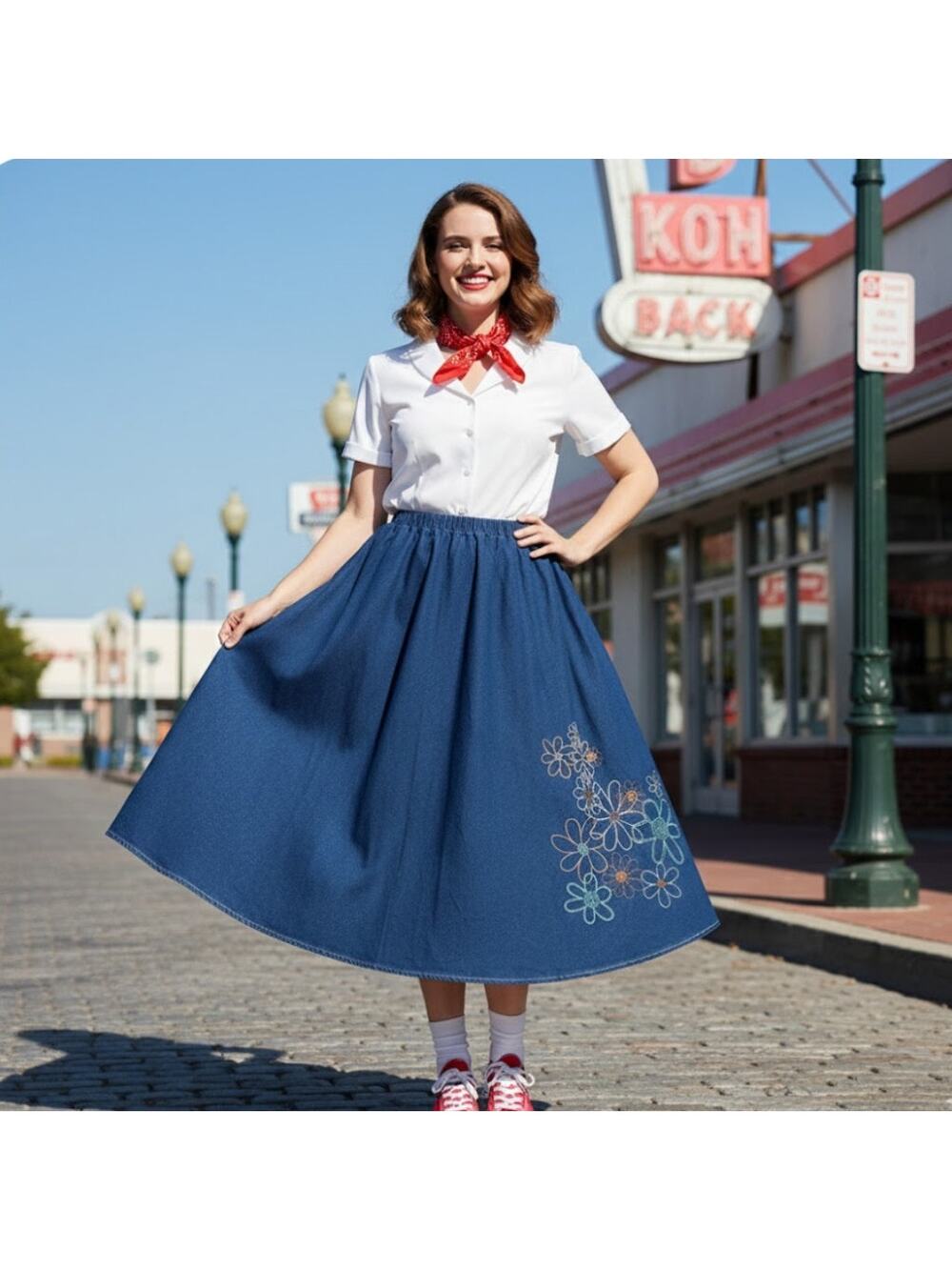 Vintage 50s Circle Skirt Handmade Denim Twirl Skirt Floral Retro Rockabilly